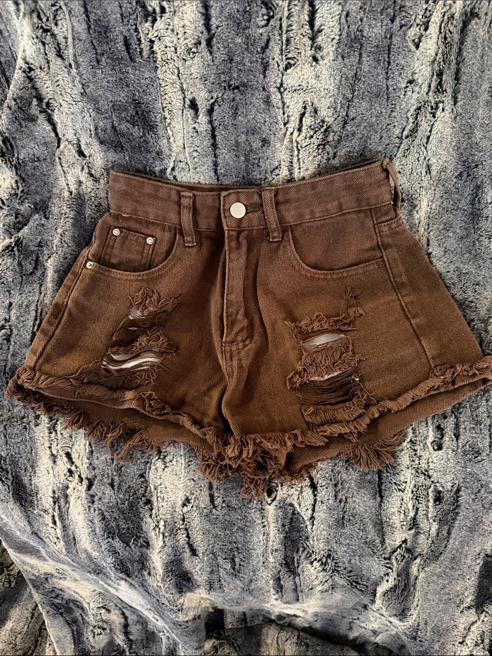 SHEIN High-Rise Distressed Brown Denim Shorts with Frayed Hem